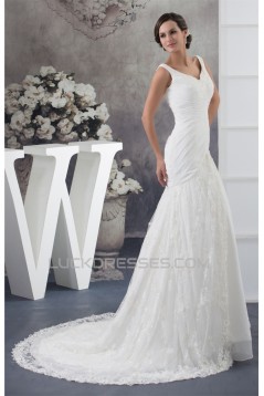 A-Line V-Neck Sleeveless Chiffon Satin Lace Best Wedding Dresses 2030358