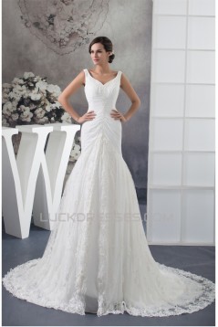 A-Line V-Neck Sleeveless Chiffon Satin Lace Best Wedding Dresses 2030358