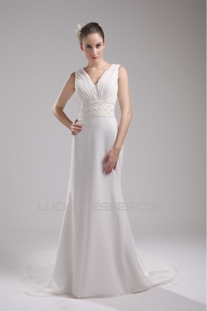 Trumpet/Mermaid Sleeveless Chiffon Beaded Reception Wedding Dresses 2030365