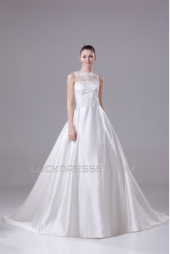 A-Line Sleeveless Satin Fine Netting Lace New Arrival Wedding Dresses 2030371