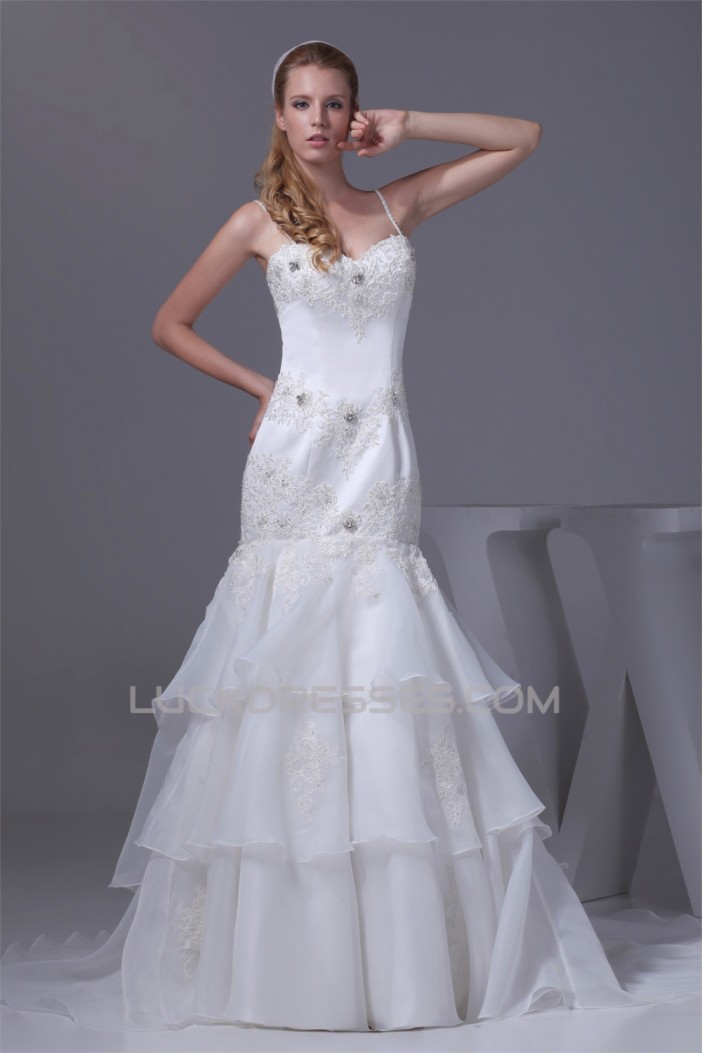 Mermaid/Trumpet Spaghetti Strap Satin Lace Sweetheart Reception Wedding Dresses 2030375