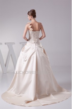 Ball Gown Sleeveless One-Shoulder Satin Lace Fine Netting Reception Wedding Dresses 2030378