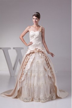 Ball Gown Sleeveless One-Shoulder Satin Lace Fine Netting Reception Wedding Dresses 2030378