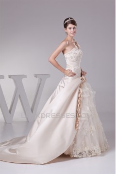 Ball Gown Sleeveless One-Shoulder Satin Lace Fine Netting Reception Wedding Dresses 2030378