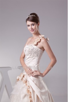 Ball Gown Sleeveless One-Shoulder Satin Lace Fine Netting Reception Wedding Dresses 2030378