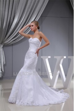 Trumpet/Mermaid Sweetheart Satin Beaded Lace Organza Wedding Dresses 2030391