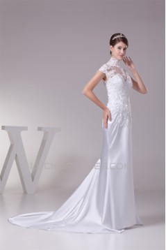 Trumpet/Mermaid High Neck Lace Silk like Satin Fine Netting Wedding Dresses 2030400