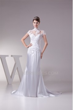 Trumpet/Mermaid High Neck Lace Silk like Satin Fine Netting Wedding Dresses 2030400