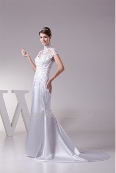 Trumpet/Mermaid High Neck Lace Silk like Satin Fine Netting Wedding Dresses 2030400