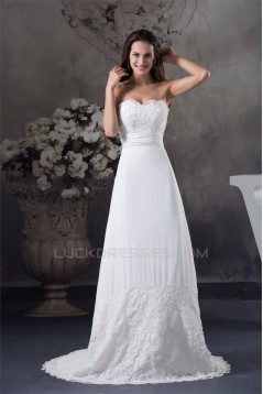 Sheath/Column Sleeveless Sweetheart Chiffon Lace Silk like Satin Best Wedding Dresses 2030429