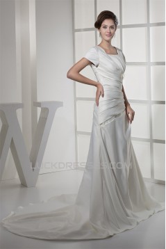 Square Satin Short Sleeve A-Line Wedding Dresses 2030443