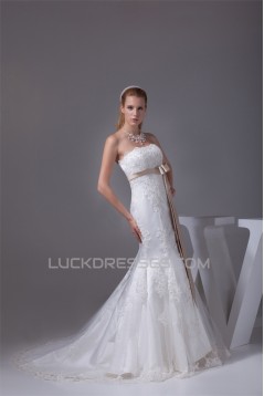 Mermaid/Trumpet Strapless Satin Fine Netting Lace Wedding Dresses 2030450