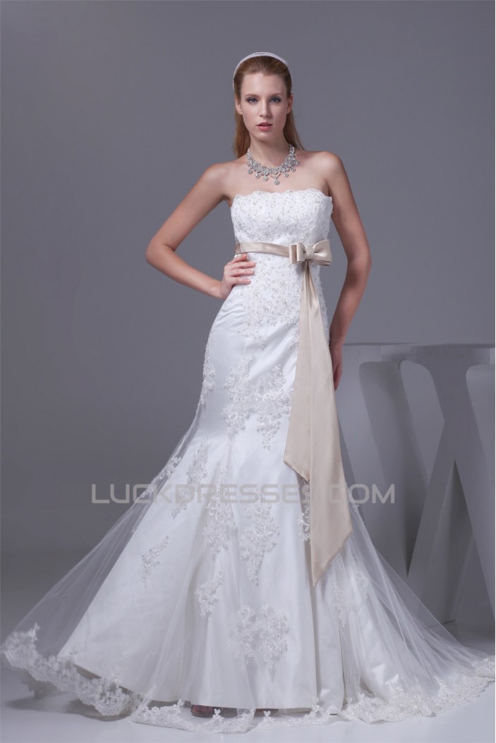 Mermaid/Trumpet Strapless Satin Fine Netting Lace Wedding Dresses 2030450