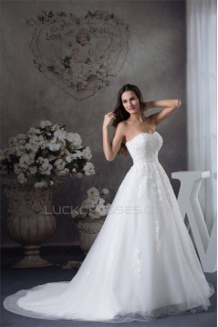 A-Line Sweetheart Sleeveless Satin Fine Netting Lace Wedding Dresses 2030471