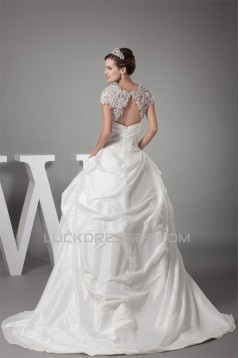 Taffeta Fine Netting Square Short Sleeve Lace Wedding Dresses 2030493