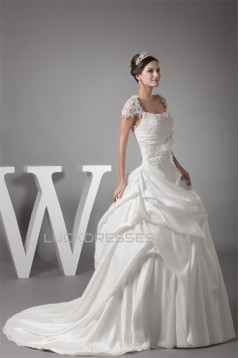 Taffeta Fine Netting Square Short Sleeve Lace Wedding Dresses 2030493