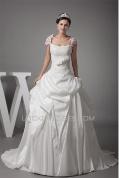 Taffeta Fine Netting Square Short Sleeve Lace Wedding Dresses 2030493