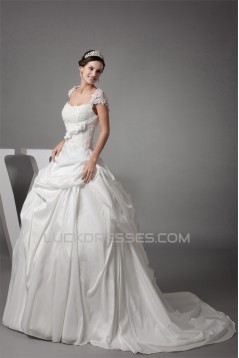 Taffeta Fine Netting Square Short Sleeve Lace Wedding Dresses 2030493