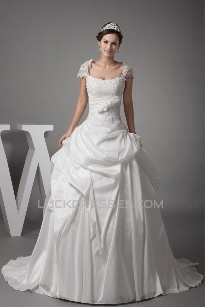 Taffeta Fine Netting Square Short Sleeve Lace Wedding Dresses 2030493