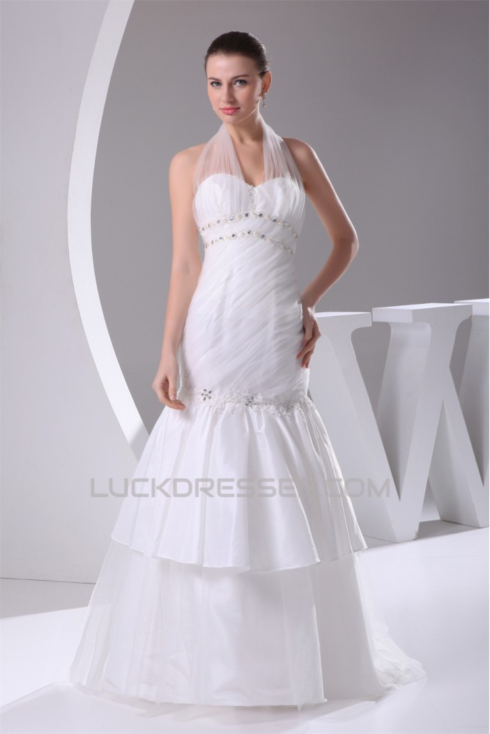 Trumpet/Mermaid Taffeta Ruffled Netting Halter Sleeveless Wedding Dresses 2030497