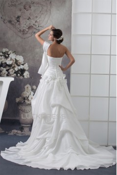 Taffeta Strapless Sleeveless A-Line Chapel Train Wedding Dresses 2030500