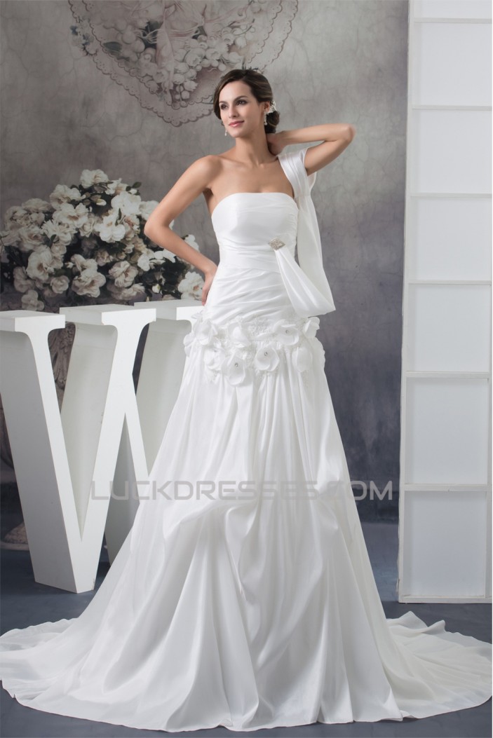 Taffeta Strapless Sleeveless A-Line Chapel Train Wedding Dresses 2030500