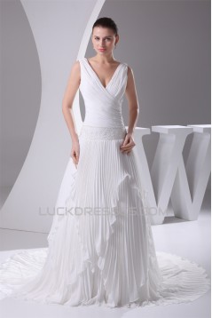 V-Neck A-Line Chiffon Silk like Satin Illusion Sleeves Reception Wedding Dresses 2030508