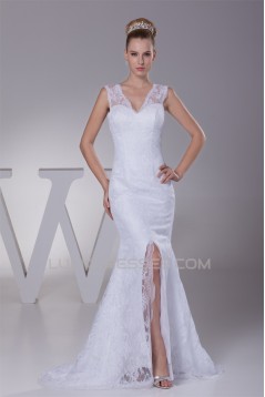 Mermaid/Trumpet V-Neck Sleeveless Satin Lace Best Wedding Dresses 2030510