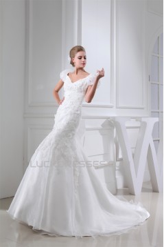 V-Neck Mermaid/Trumpet Sleeveless Satin Lace Organza Wedding Dresses 2030511