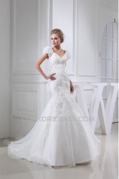 V-Neck Mermaid/Trumpet Sleeveless Satin Lace Organza Wedding Dresses 2030511