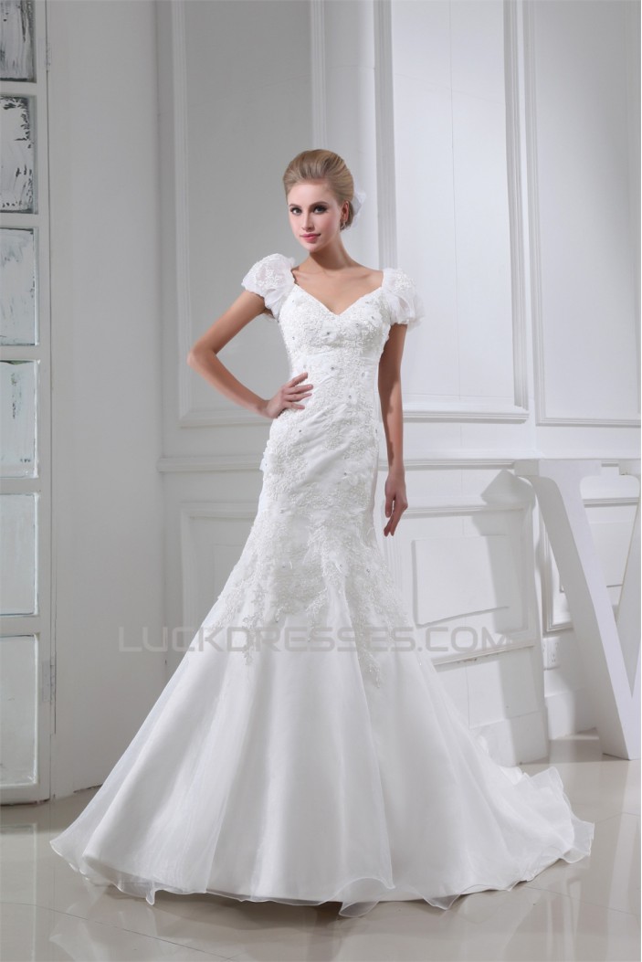 V-Neck Mermaid/Trumpet Sleeveless Satin Lace Organza Wedding Dresses 2030511