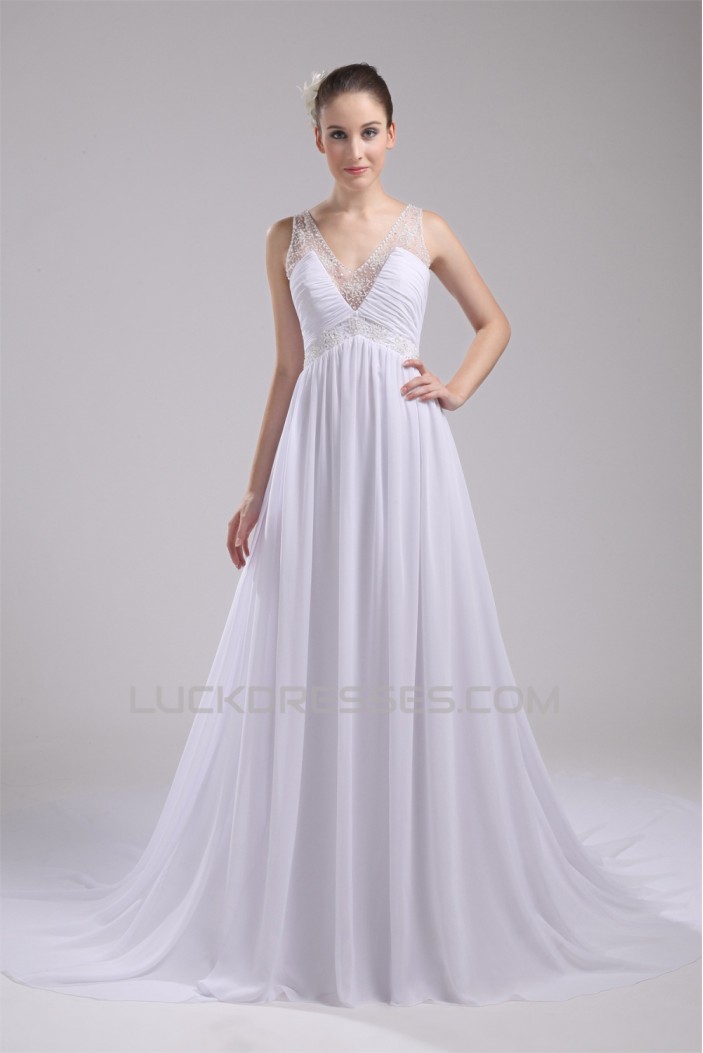 A-Line V-Neck Sleeveless Chiffon Beaded Most Beautiful Wedding Dresses 2030513