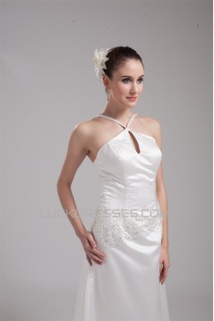 Wonderful Satin Sleeveless Halter A-Line Bead Wedding Dresses 2030522