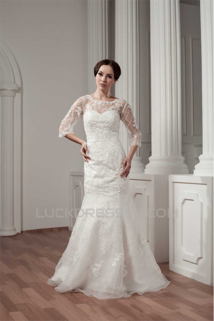 3/4 Length Sleeve Satin Portrait A-Line Most Beautiful Beaded Lace Wedding Dresses 2030527