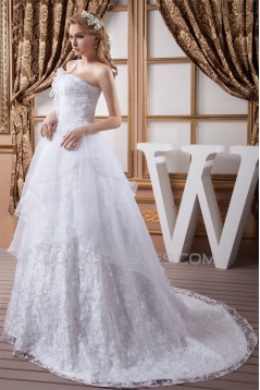 A-Line One-Shoulder Satin Sleeveless Lace Wedding Dresses 2030533