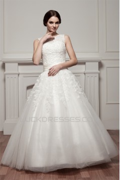 A-Line Satin Fine Netting Sleeveless Portrait Lace Wedding Dresses 2030535