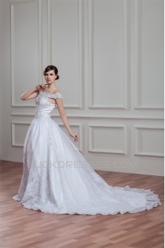 A-Line Sleeveless Off-the-Shoulder Satin Organza Lace Wedding Dresses 2030540