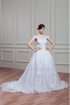 A-Line Sleeveless Off-the-Shoulder Satin Organza Lace Wedding Dresses 2030540