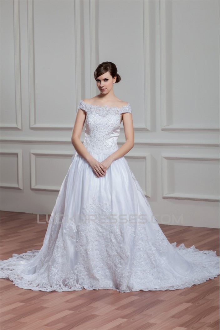 A-Line Sleeveless Off-the-Shoulder Satin Organza Lace Wedding Dresses 2030540