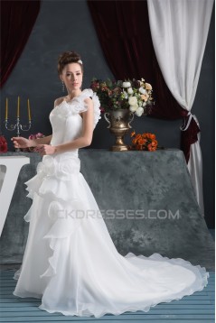 A-Line Sleeveless One-Shoulder Satin Satin Organza Sweet Wedding Dresses 2030541