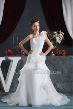 A-Line Sleeveless One-Shoulder Satin Satin Organza Sweet Wedding Dresses 2030541