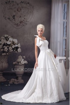 A-Line Sleeveless Satin Taffeta One-Shoulder Lace Wedding Dresses 2030545