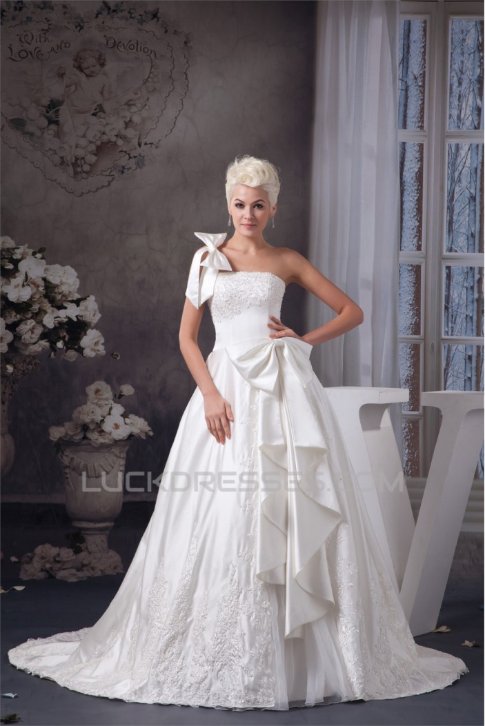 A-Line Sleeveless Satin Taffeta One-Shoulder Lace Wedding Dresses 2030545