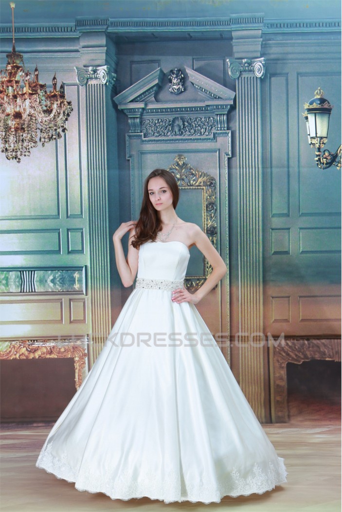 A-Line Sleeveless Soft Sweetheart Satin Beaded Lace Wedding Dresses 2030548