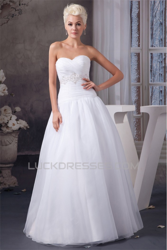 A-Line Sweetheart Satin Organza Sleeveless Beaded Floor Length Wedding Dresses 2030561