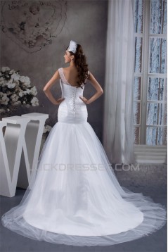 Amazing A-Line Satin Fine Netting Portrait Sleeveless Wedding Dresses 2030568