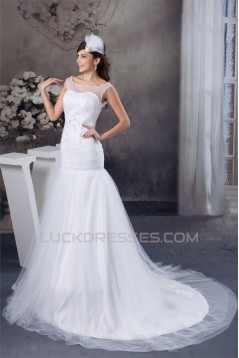 Amazing A-Line Satin Fine Netting Portrait Sleeveless Wedding Dresses 2030568