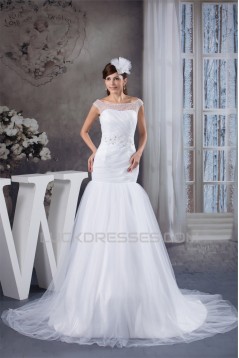 Amazing A-Line Satin Fine Netting Portrait Sleeveless Wedding Dresses 2030568