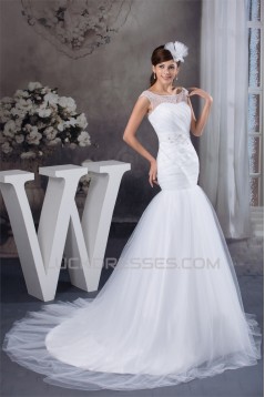 Amazing A-Line Satin Fine Netting Portrait Sleeveless Wedding Dresses 2030568