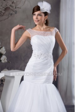 Amazing A-Line Satin Fine Netting Portrait Sleeveless Wedding Dresses 2030568